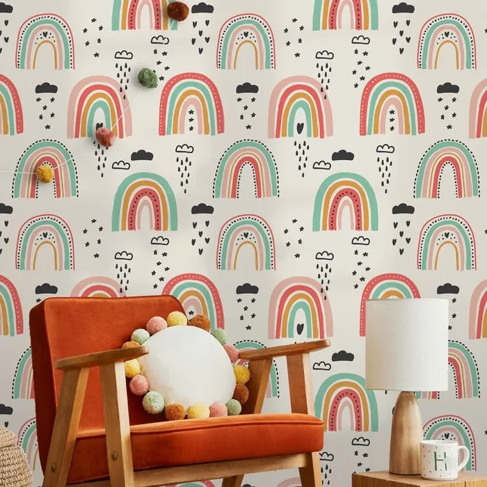 Rainbow Wallpaper With A Whimsical Hand-drawn Motif In Red, Teal, And Pink – B489