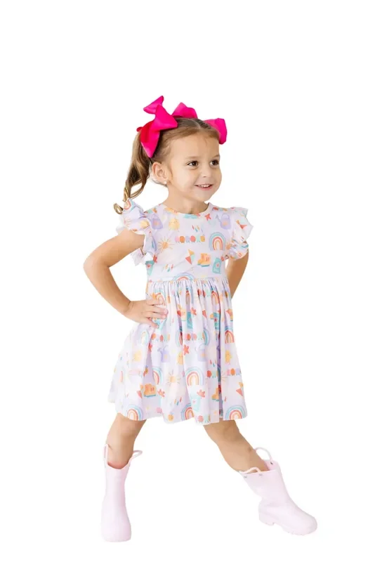 Rainy Day Flutter Sleeve Twirl Dress