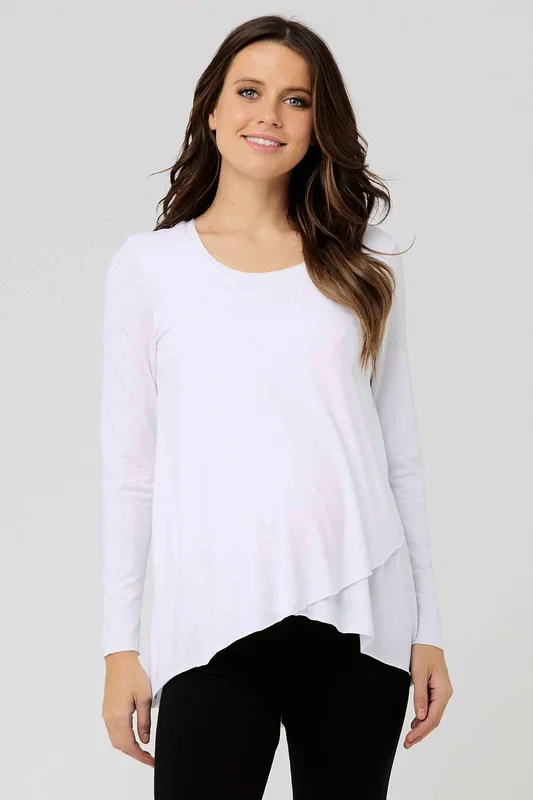 Raw Edge Long Sleeve Maternity and Nursing Shirt White