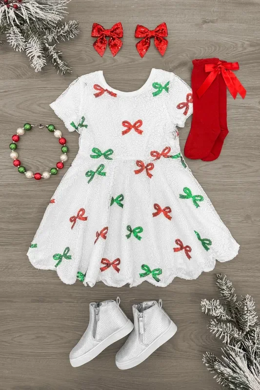 Red & Green Sequin Bow Dress