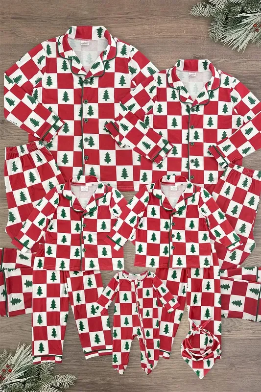 Red & White Checkered Tree Family Pajamas – AND PET BANDANA!