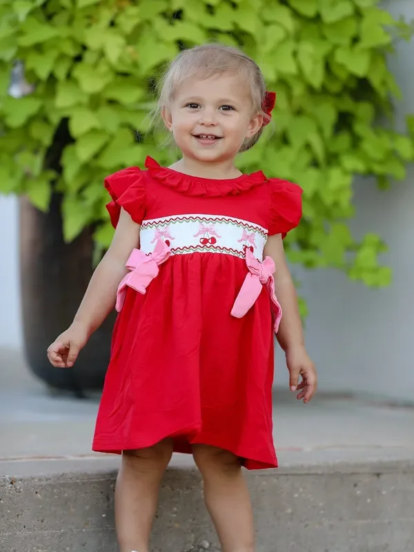Red Cherry Bow Smocking Embroidery Girls’ Dress