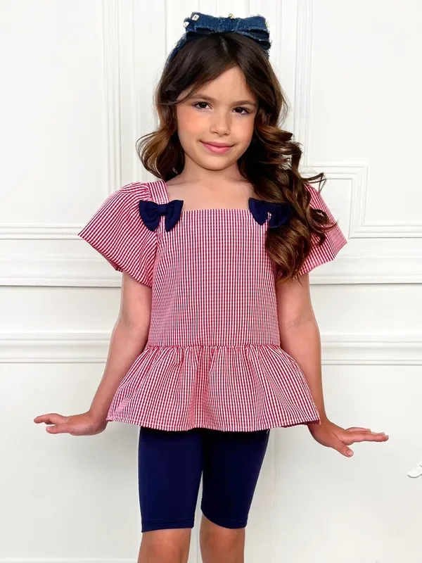 Red Gingham Bow Peplum Top and Navy Biker Short Set