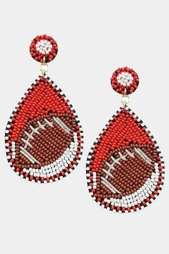 Red Teardrop Football Beaded Earrings