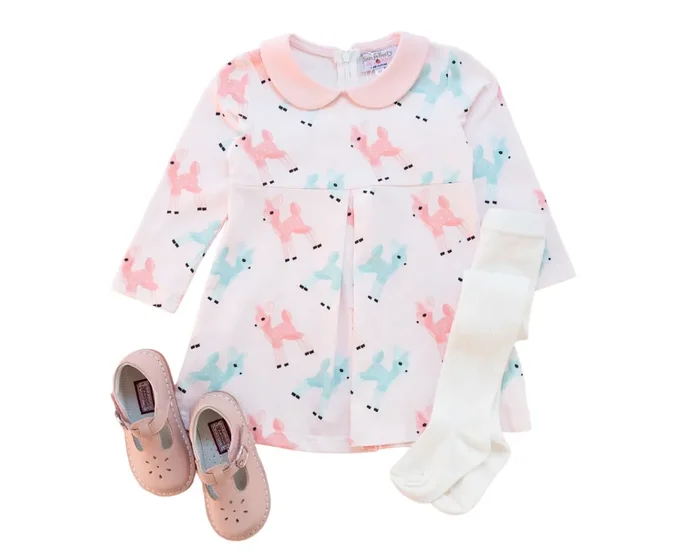 Retro Pink And Teal Deer Winter Peter Pan Collar Dress