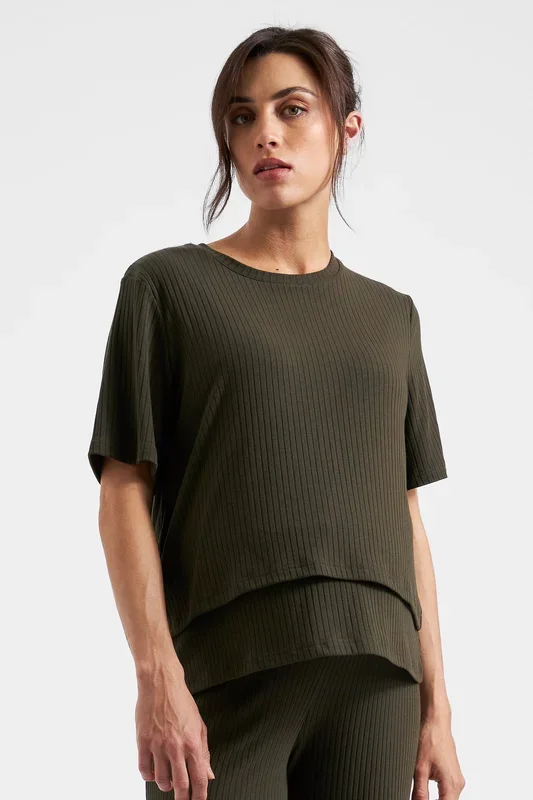 Ribb Double Layer Maternity and Nursing Shirt, khaki