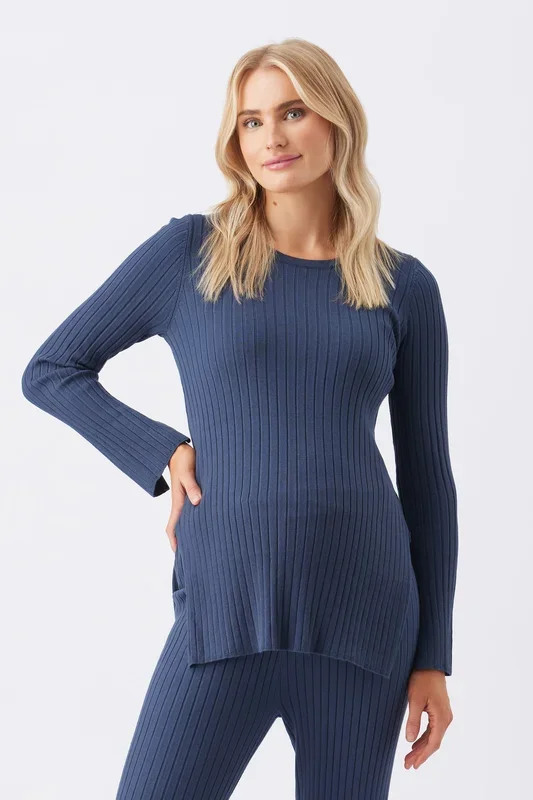 Ribbed maternity shirt with side nursing zippers, navy