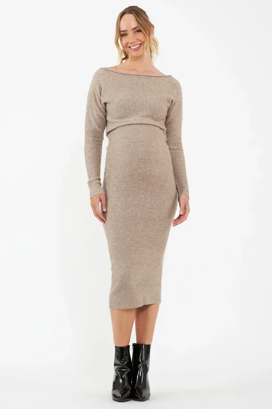Rippstrick Boatneck Umstands- und Stillkleid sand