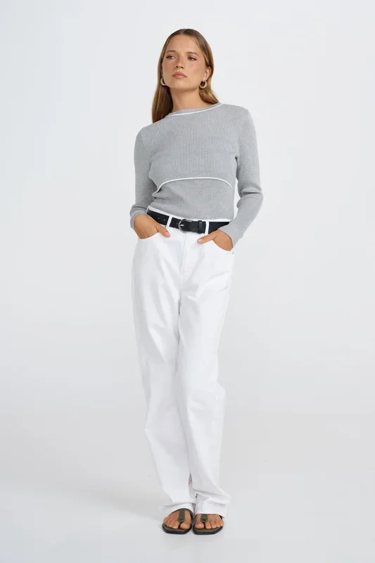 Rowe Long Sleeve Knit Top – Grey Marle / White