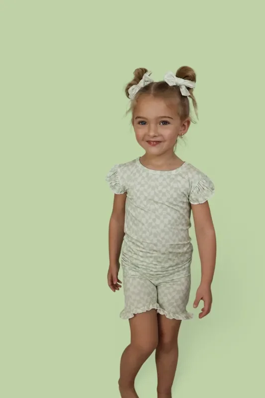 Sage Wavy Checkers Dream Ruffle Short Set