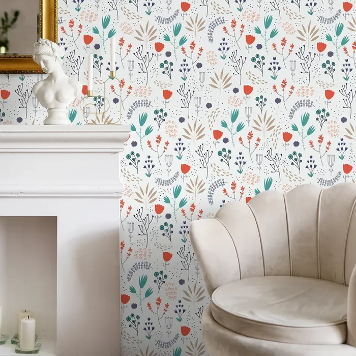 Scandinavian Wallpaper Featuring Stylized Wildflowers In Orange, Teal, And Blue – A163