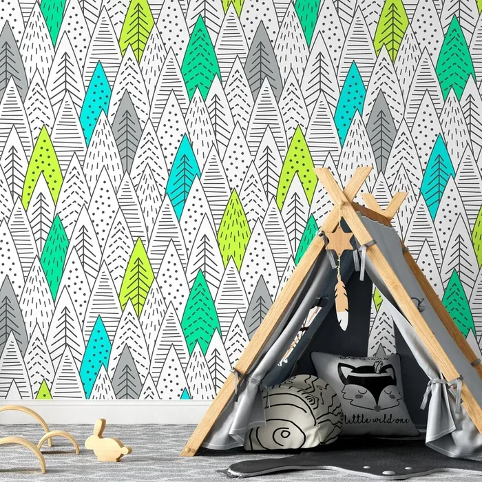 Scandinavian Wallpaper With A Hand-drawn Tree Pattern In Green, Teal, And Grey – A906