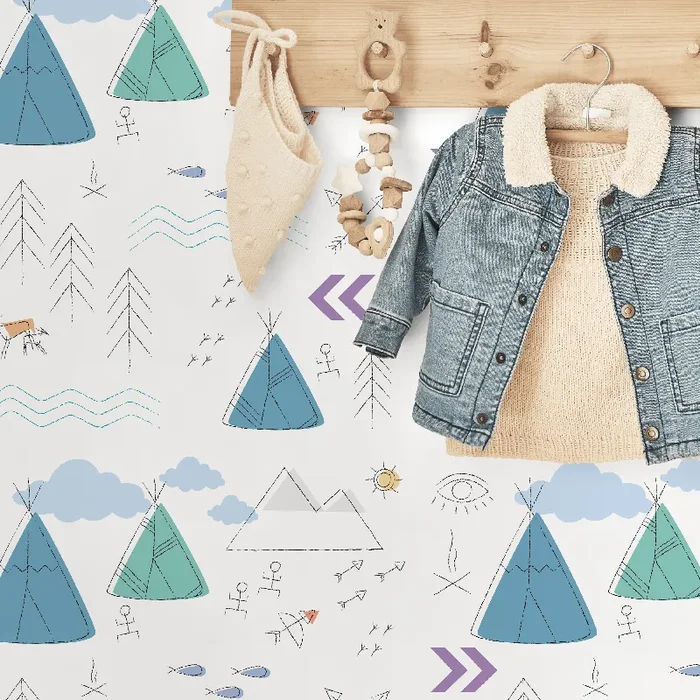 Scandinavian Wallpaper With A Teepee And Mountain Motif In Blue And Teal – A045