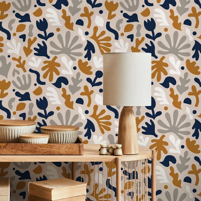 Scandinavian Wallpaper With Abstract Botanicals In Navy, Ochre, And Gray – B916