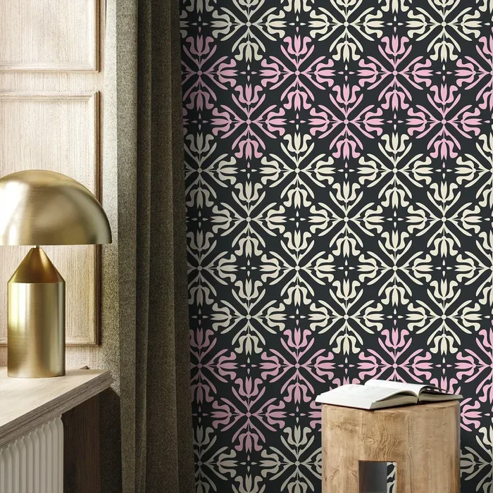 Scandinavian Wallpaper With An Ornate Tile Motif In Black, Pink, And Cream – B389
