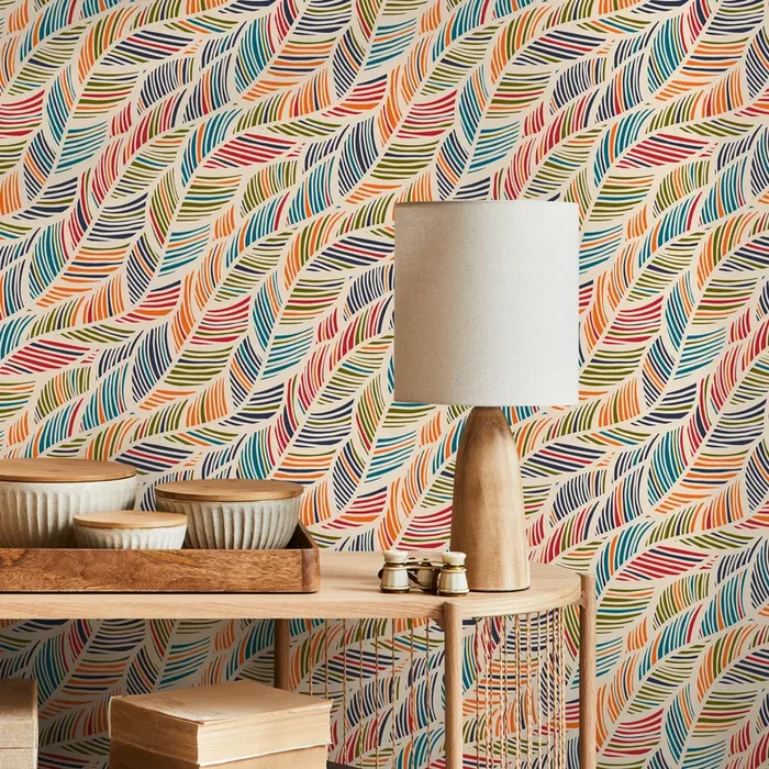 Scandinavian Wallpaper With Flowing Striped Leaves In Red, Blue, And Orange – B041