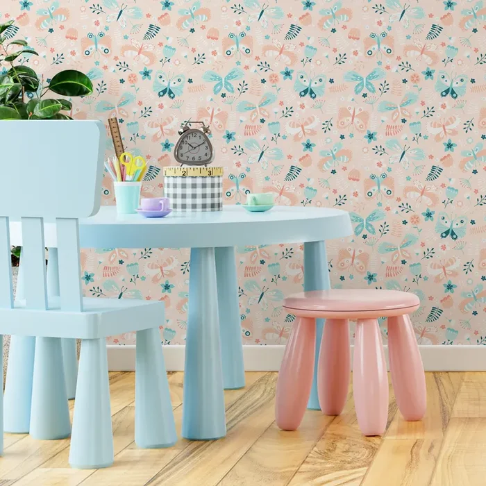Scandinavian Wallpaper With Folk Art Butterflies In Peach And Teal – C104