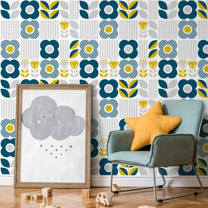 Scandinavian Wallpaper With Geometric Block Flowers In Teal, Yellow, And Gray – A685