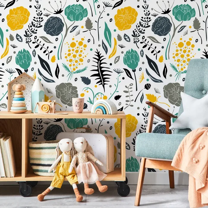 Scandinavian Wallpaper With Stylized Flowers In Yellow, Teal, And Gray – A861