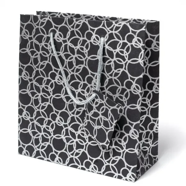 Set Of Six Recycled Cotton Gift Bags Tag Black Circles Design