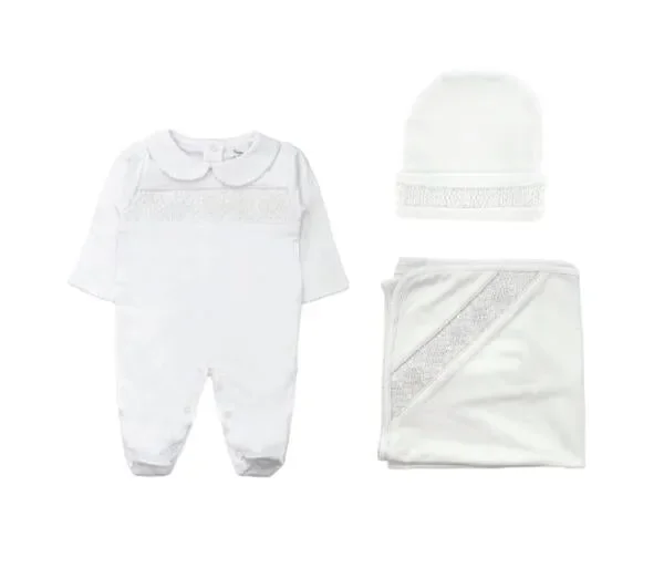 Set Smock Blanket + Footie + Beanie Pima, White