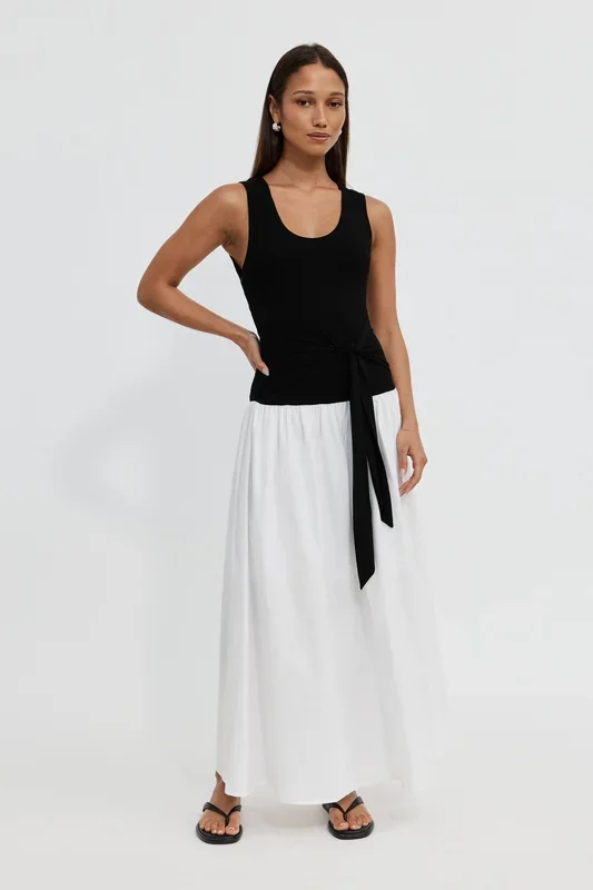 Shelbie Combination Drop-Waist Midi Dress – Black / White