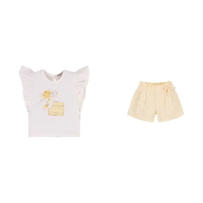 SHORT SLEEVE YELLOW FLORAL AND STRIPED SEERSUCKER SHORTS