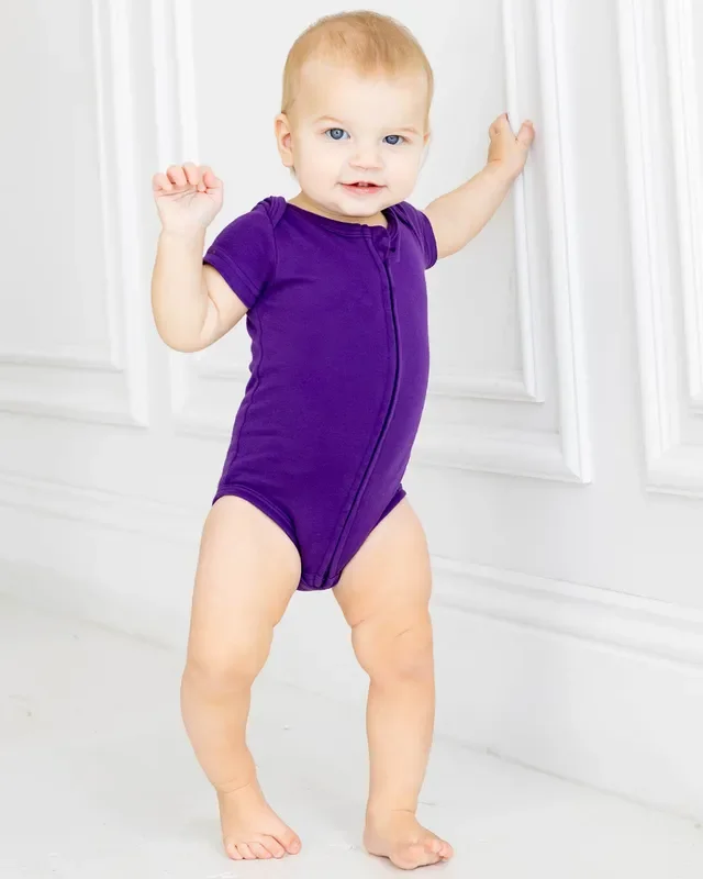 Short Sleeve Zipper Bodysuit In Violet, 9-12m