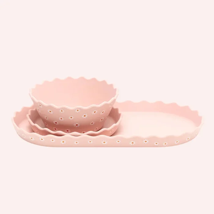 Silicone Bowl and Plate Set – Pink Daisy Wavy Edge