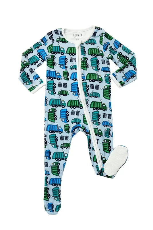 Soft & Stretchy Zipper Footie – Garbage Trucks