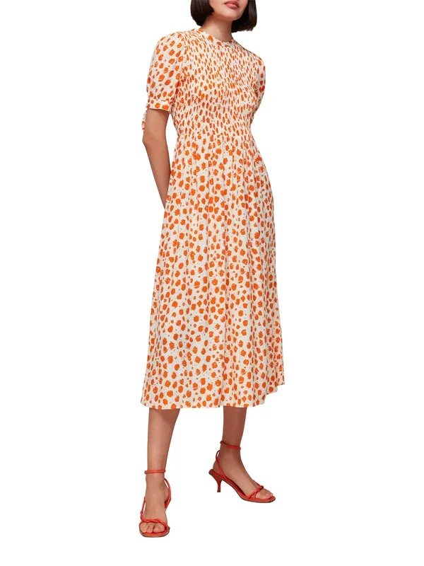 Spot Shirred Midi Dress