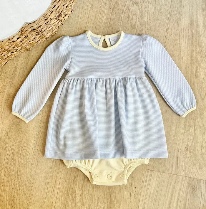 Squiggles by Charlie Blue Mini Stripe & Pale Yellow Bubble Dress