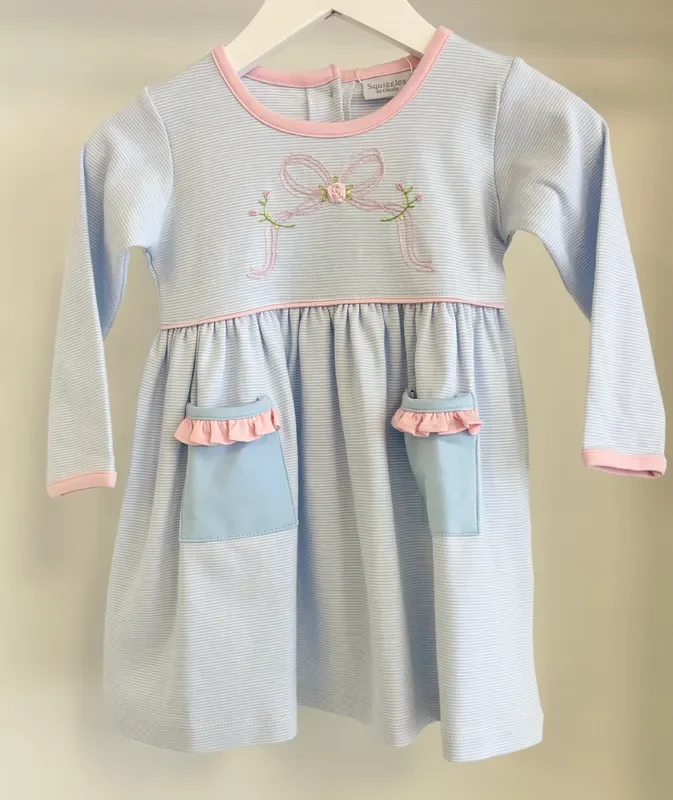 Squiggles by Charlie Blue Mini Stripe Hand Embroidered Bow Dress