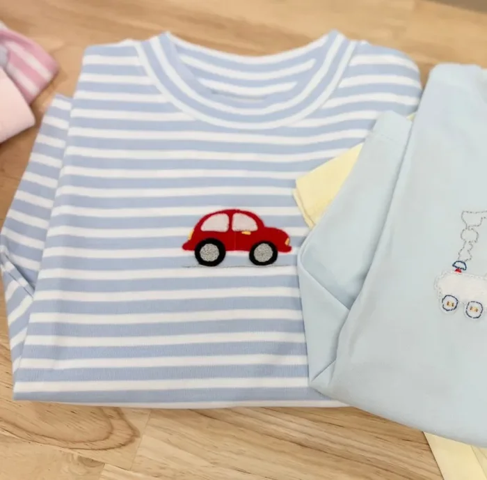 Squiggles by Charlie Blue Stripe Car Long Sleeve Tee