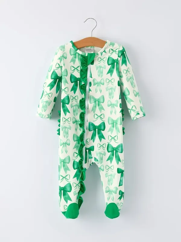 St. Patrick’s Day Bow Print Long Sleeves Baby Girls Romper