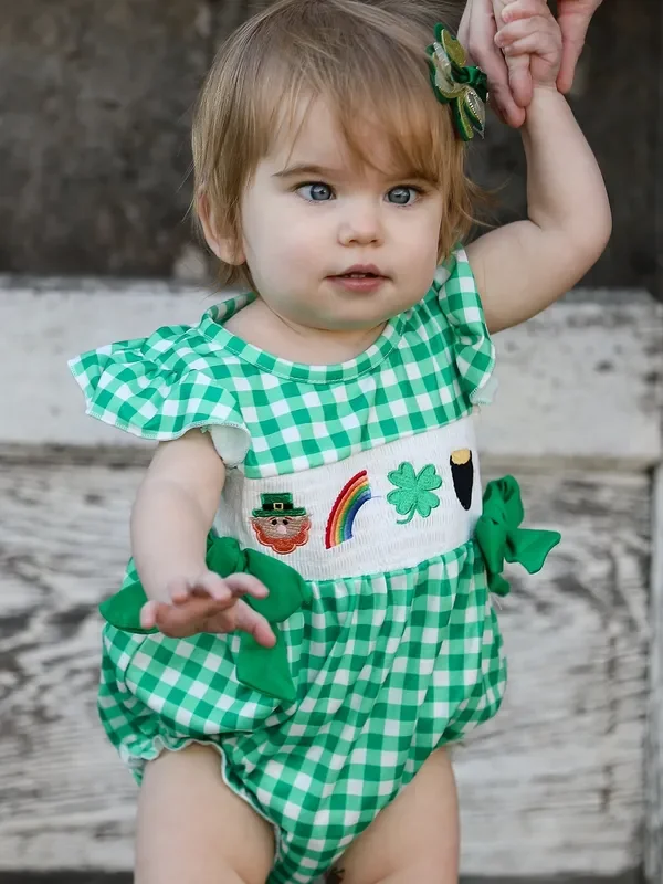 St. Patrick’s Day Shamrock Smocking Embroidered Plaid Baby Girls Romper