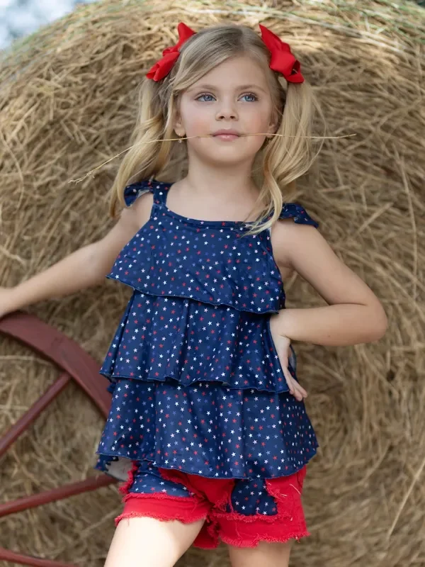 Star Spangled Diva Ruffle Top and Patched Denim Short Set
