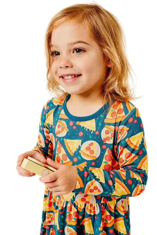 Stretchy Long Sleeve Twirl Dress – Pizza Party