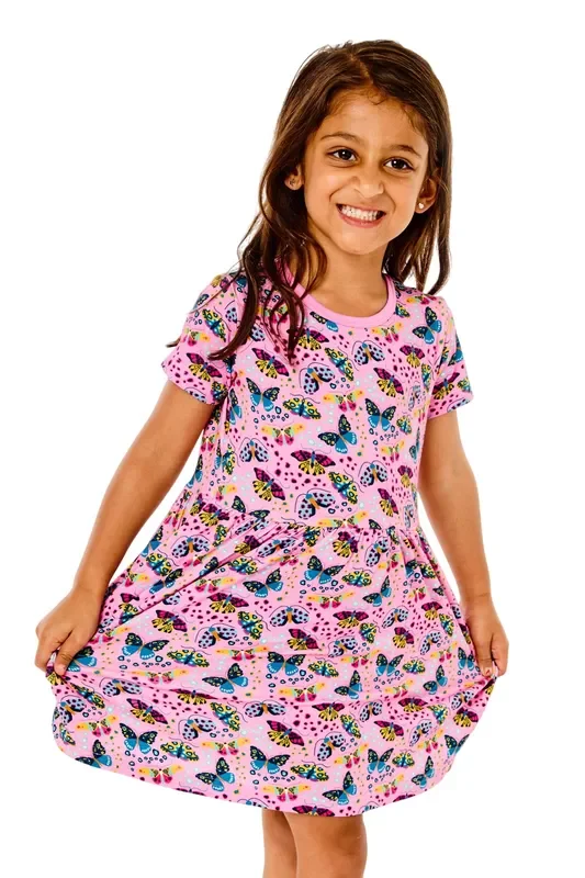Stretchy Short Sleeve Twirl Dress – Butterflies