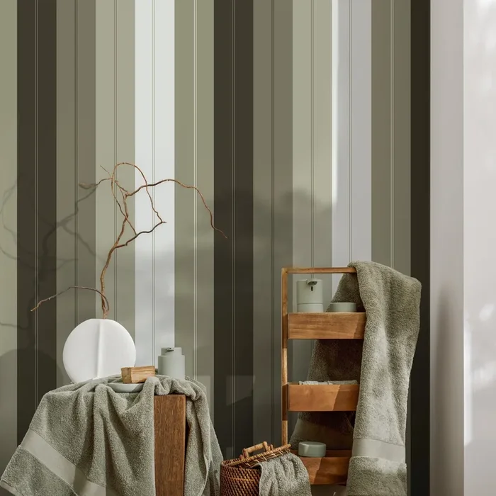 Striped Wallpaper With A Beadboard Panel Effect In Green, Gray, And Charcoal – D842