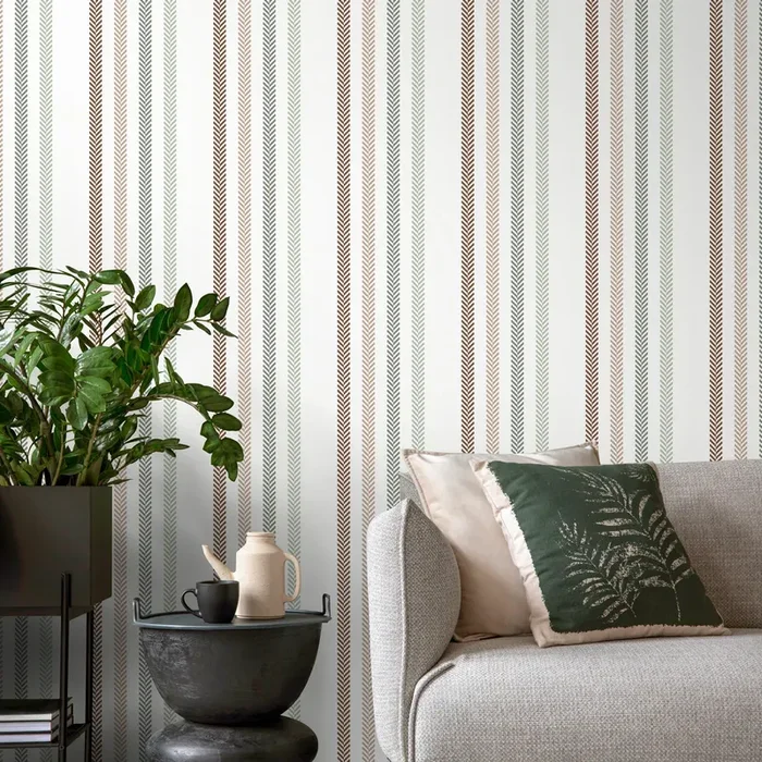 Striped Wallpaper With A Chevron Motif In Brown, Green, And Beige – D779