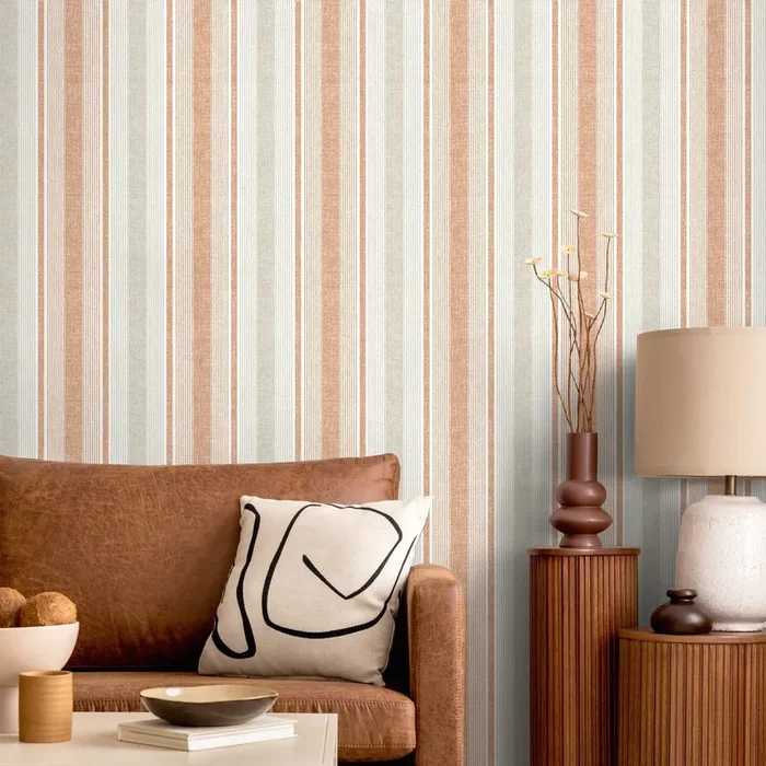Striped Wallpaper With A Textured Motif In Orange, Grey, And Beige – D839