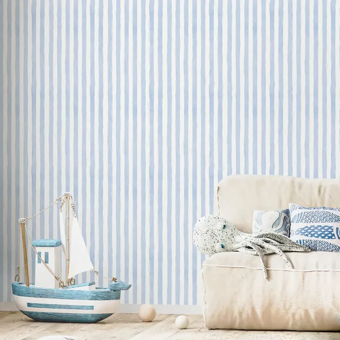 Striped Wallpaper With A Watercolor Motif In Baby Blue – D858
