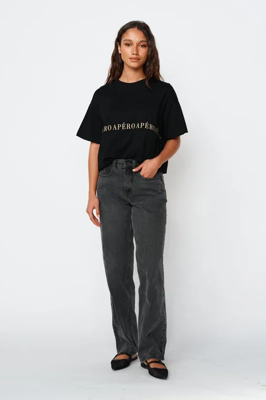 Studio Printed Longline Tee – Black / Beige