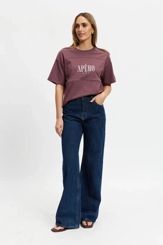 Sunday Drop-Shoulder Cropped Tee – Plum / Cream