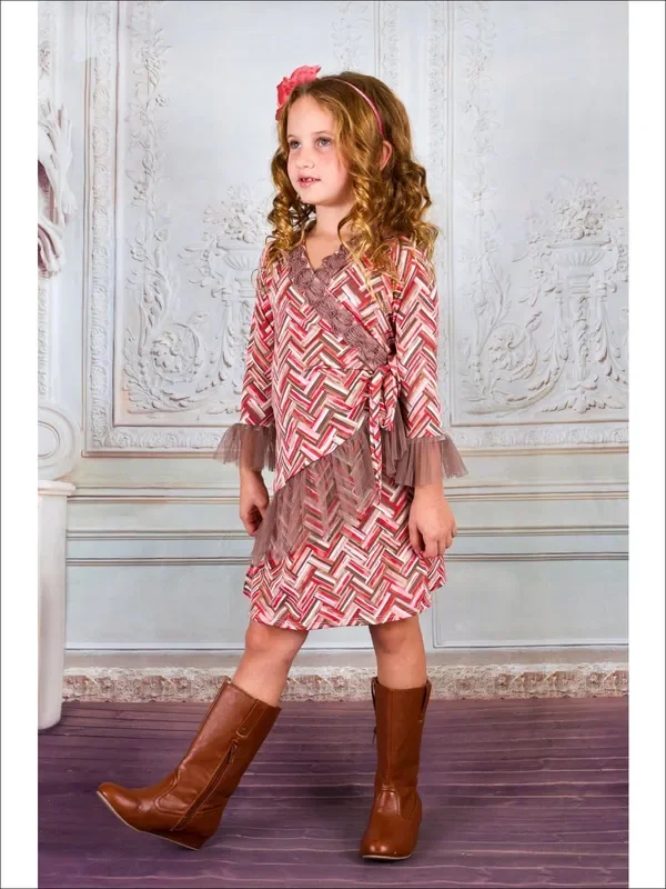 Sweet N’ Chic Taupe and Pink Chevron Trim Wrap Dress