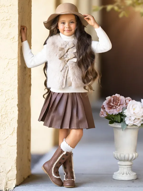 Taupe Faux Fur Bow Vest and Brown Pleated Skirt Set