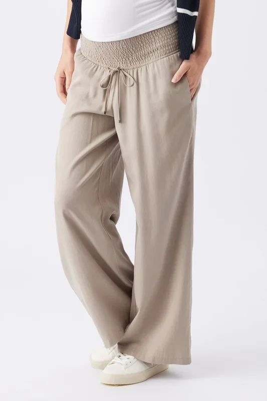 Tencel Wide Leg Umstandshose mit Smockbund beige