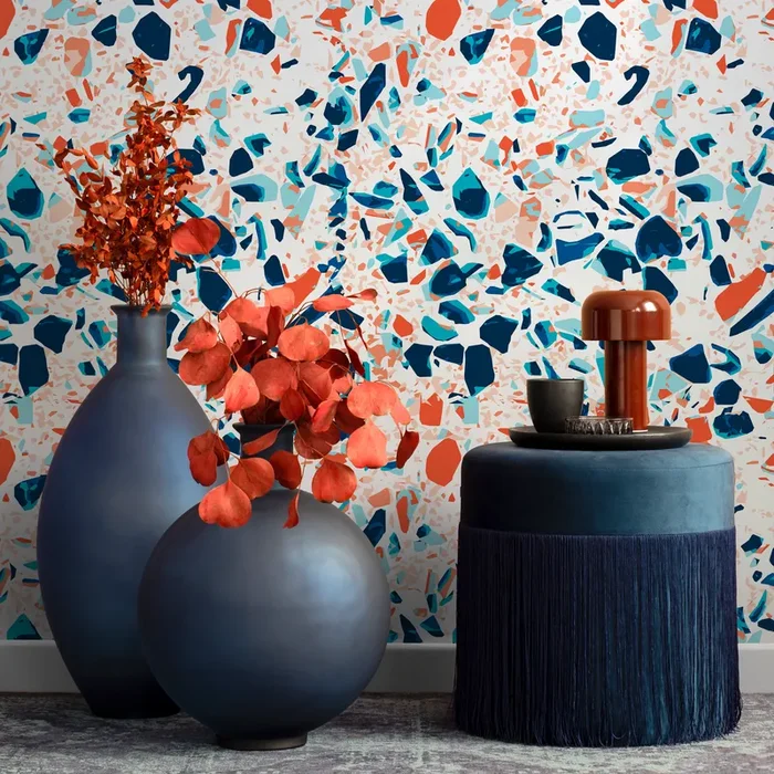 Terrazzo Wallpaper With Colorful Fragments In Blue And Orange – B832
