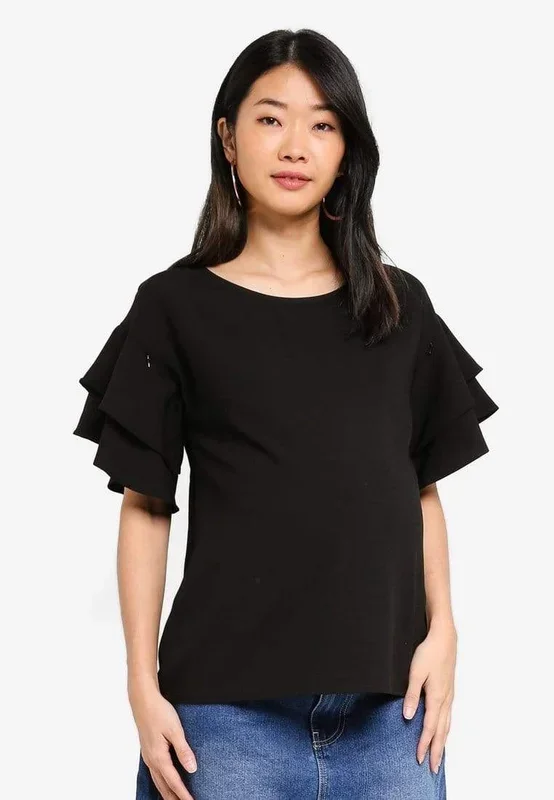 Tier Flounce Sleeves Cicilia Nursing Top Black
